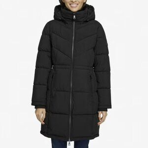 DKNY Women's Long Puffer Jacket Faux Fur Collar Removable Hood Size L Black NWT